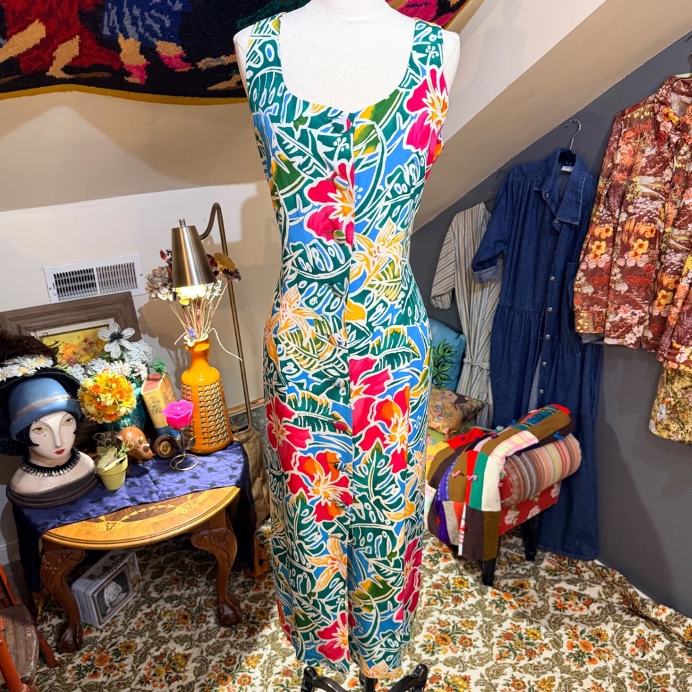 Spenser Jeremy Vintage 100% Silk Tropical Floral Maxi Dress Pink Green Blue - 16